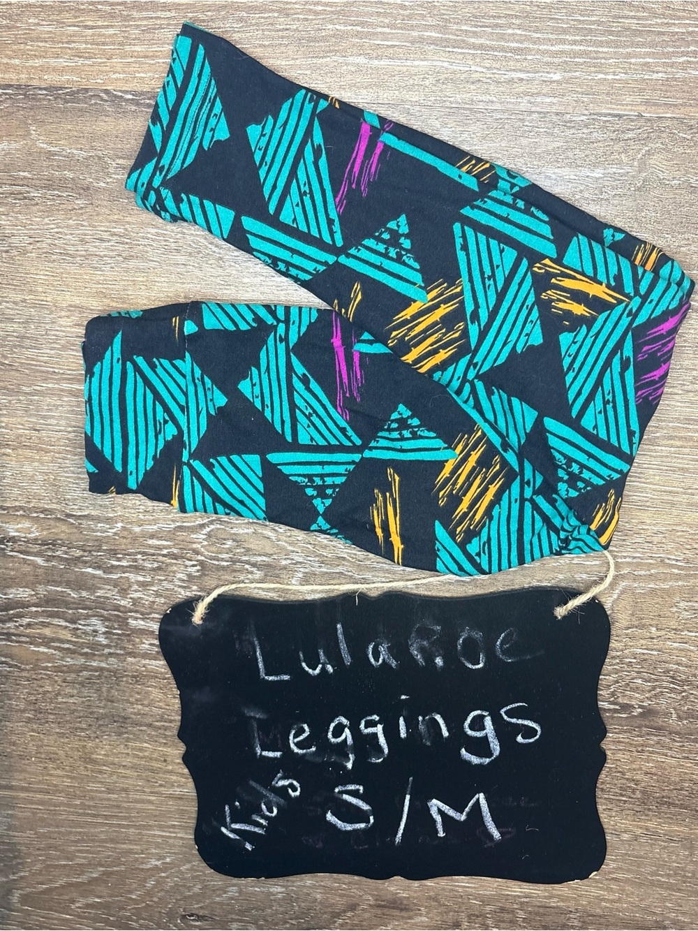 LuLaRoe Kids Black Leggings with Teal, Yellow & Purple Geometric Print